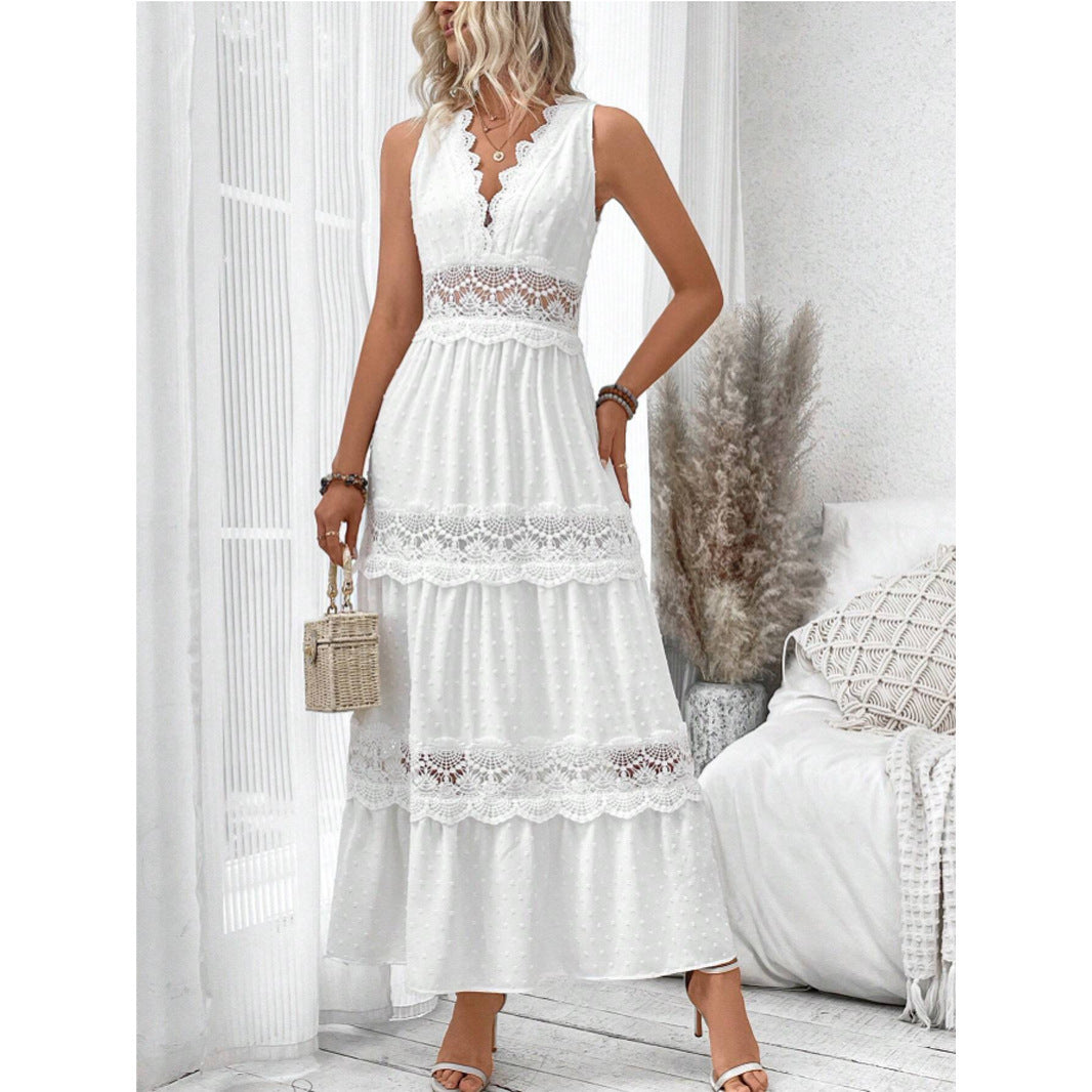 Robe femme sans manches à dentelle et col V