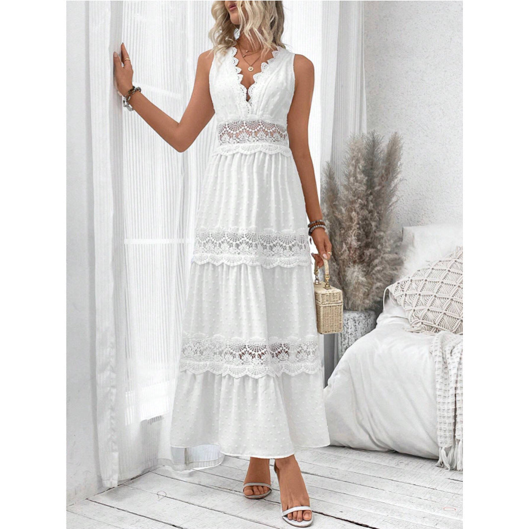 Robe femme sans manches à dentelle et col V