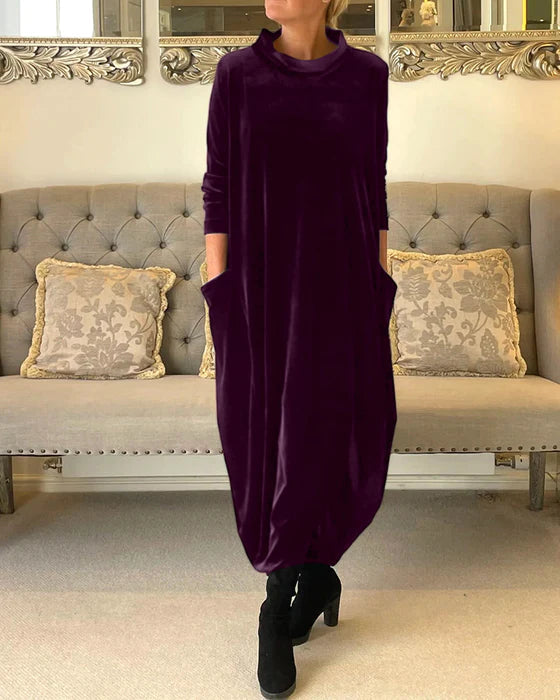 Sophie | Lange fluwelen winterjurk, lange mouwen, warme en elegante casual jurk