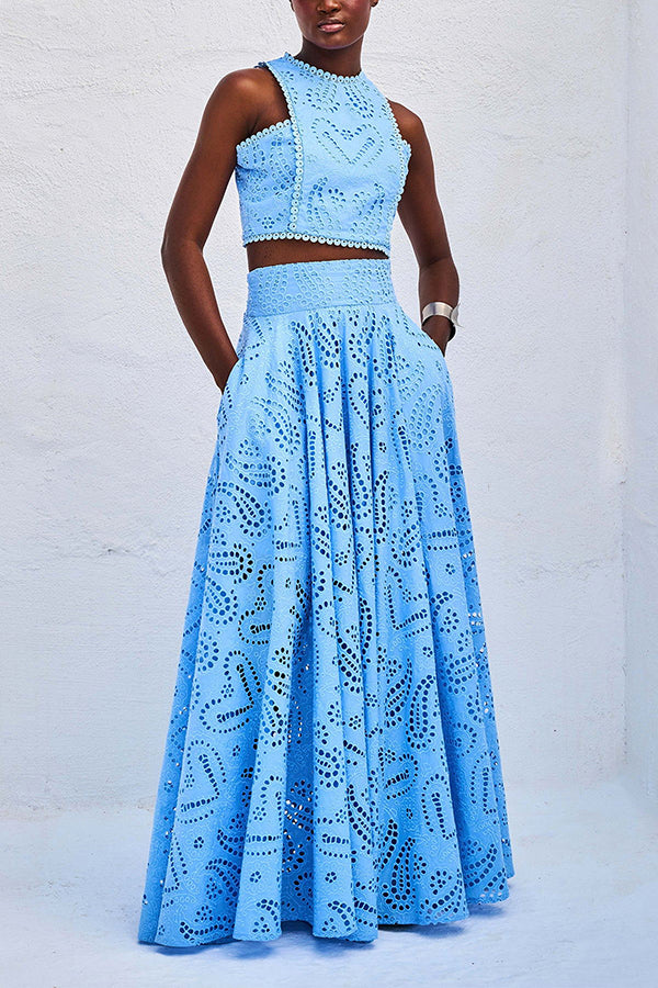 Jexinae | Elegante 2-delige dames set – Mouwloze geborduurde crop top & soepelvallende wijde broek
