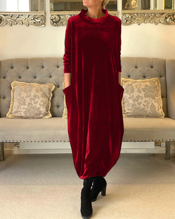 Sophie | Lange fluwelen winterjurk, lange mouwen, warme en elegante casual jurk