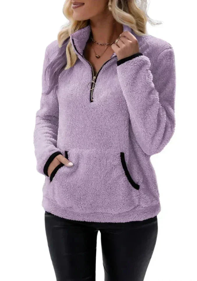 Eilina | Sherpa-trui, pullover met hoge kraag en halve ritssluiting – zachte, warme, comfortabele wintertop