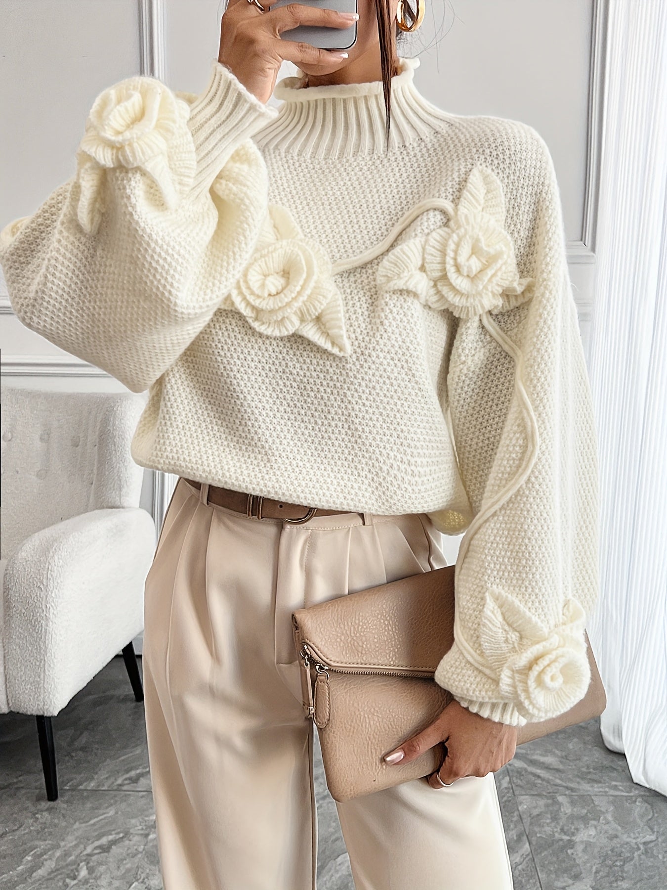 Gweneira | Elegant Floral Turtleneck for Women - Lantern Sleeves, Casual Fashion