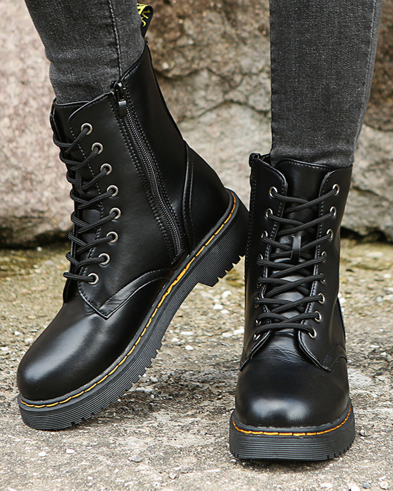 Bootiva | Bottines en cuir pour femme, fermeture à lacets et fermeture éclair latérale, semelle épaisse