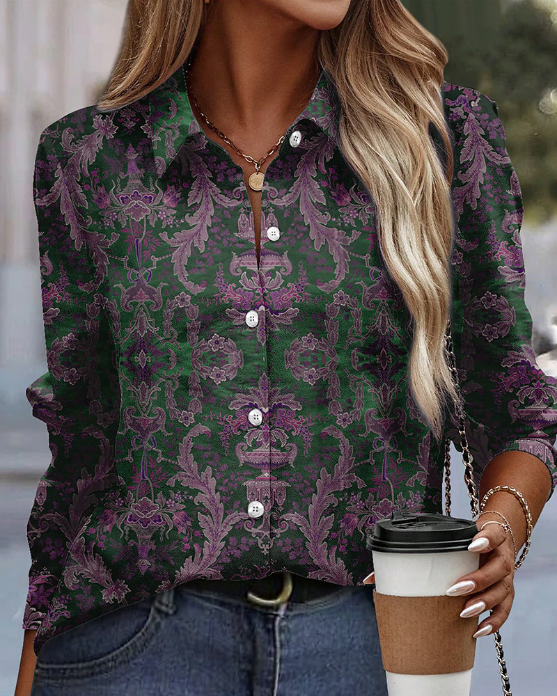 Adreine | Vintage print damesblouse – lange mouwen, elegant, casual en comfortabel