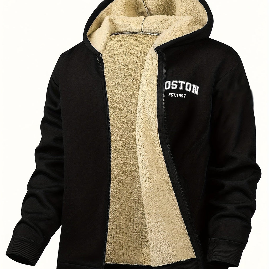 Zayden | Heren fleece gevoerde hoodie met ritssluiting – Casual hoodie met letterprint