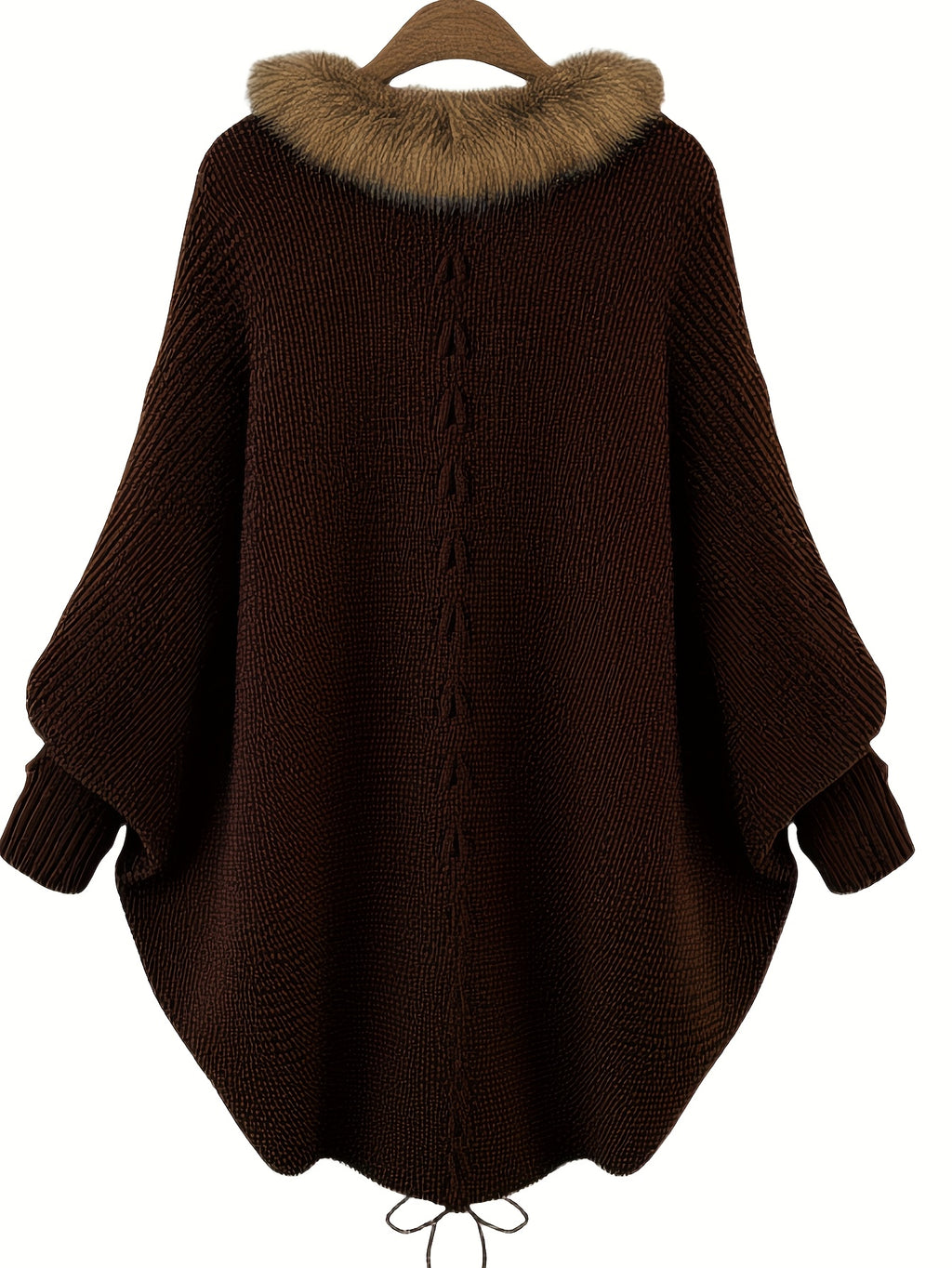 Aemilia | Dikke cape-jas voor dames – met nepbontrand, kabelbreiwerk, warme herfst- en winterjas