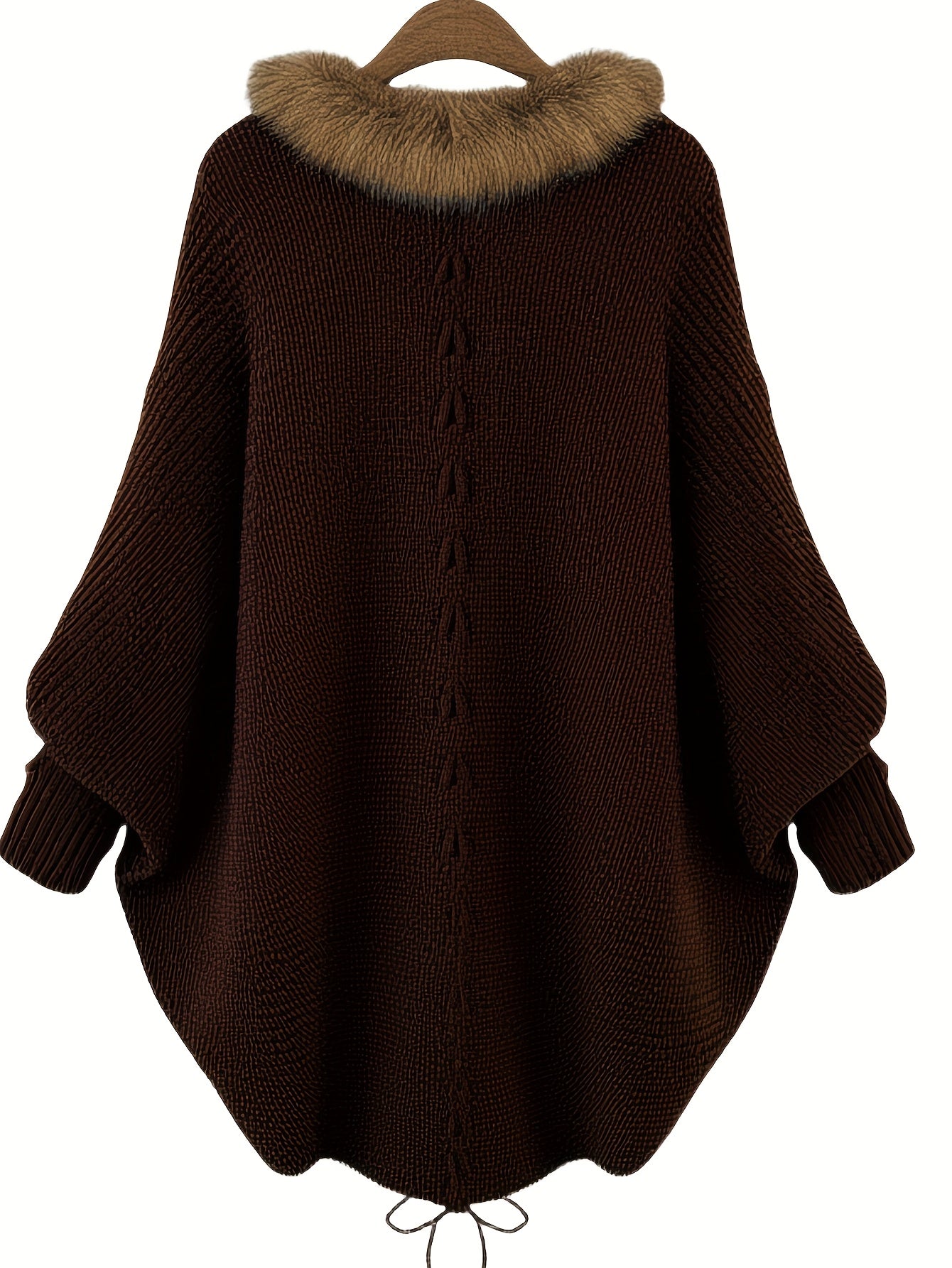 Aemilia | Dikke cape-jas voor dames – met nepbontrand, kabelbreiwerk, warme herfst- en winterjas