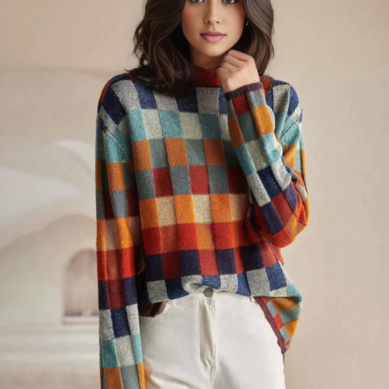 Pixie | Trendy gebreide regenboog geruite trui
