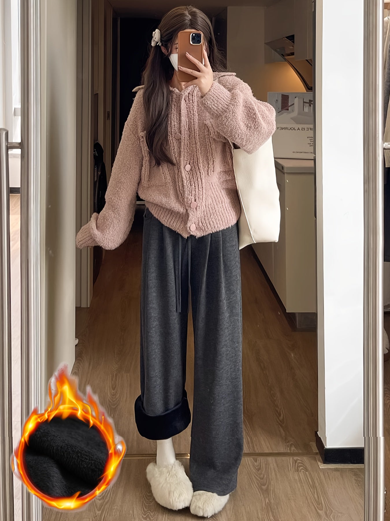 Meira | Knusse, met fleece gevoerde broek met wijde pijpen en hoge taille - Afslankende koordsluiting