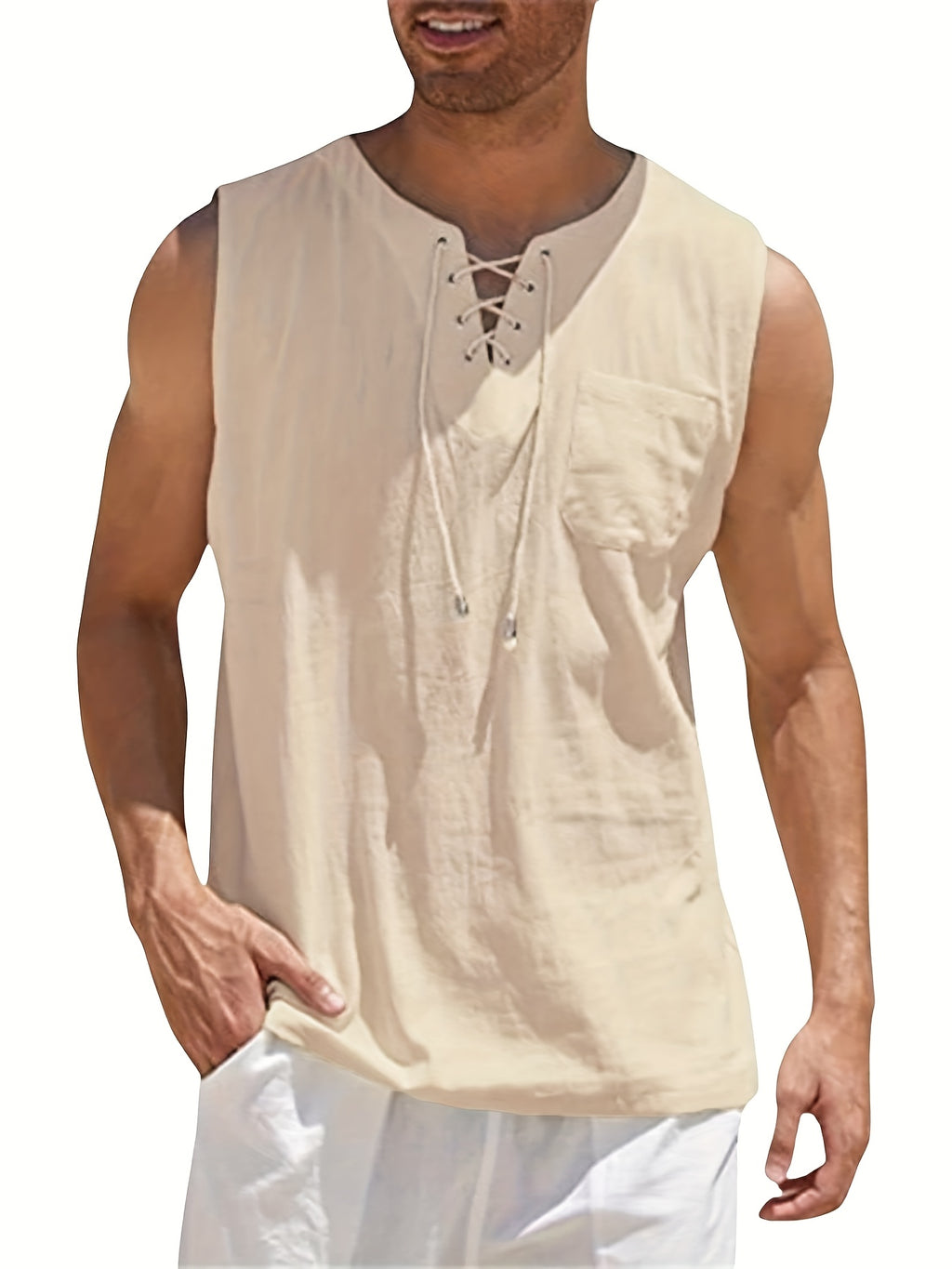 Morten | Débardeur sans manches en coton et lin pour homme, col en V - T-shirt d'été léger