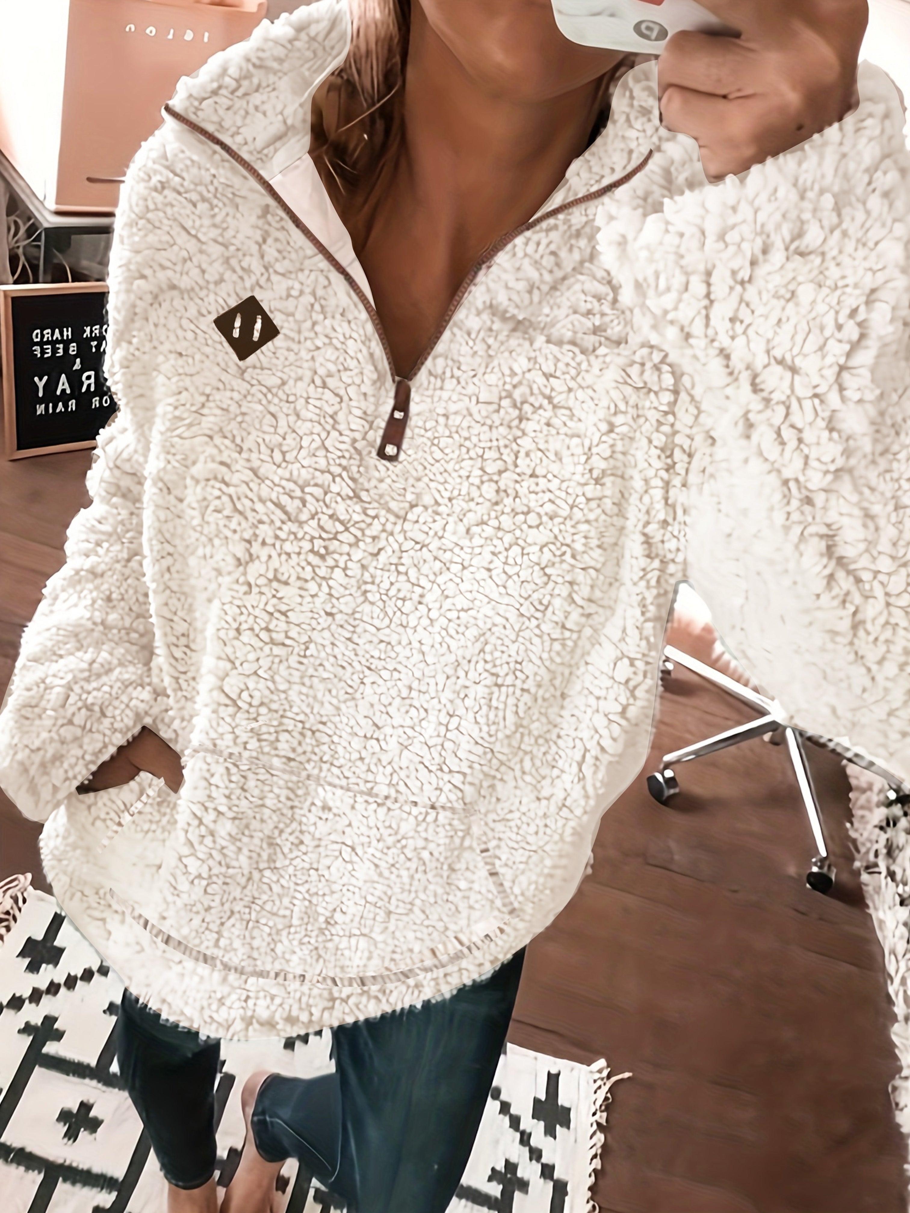 Cambia | Dames Patch Kwartier Ritssluiting Pullover Teddy Sweatshirt - Knusse Casual Lange Mouwen Fleece Top