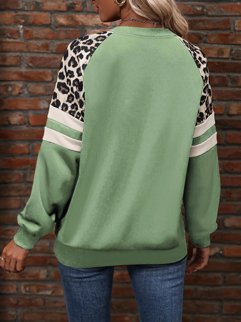Anneliese |  Elegant dames sweatshirt met luipaardprint patchwork, casual polyester trui met lange mouwen, ronde hals top