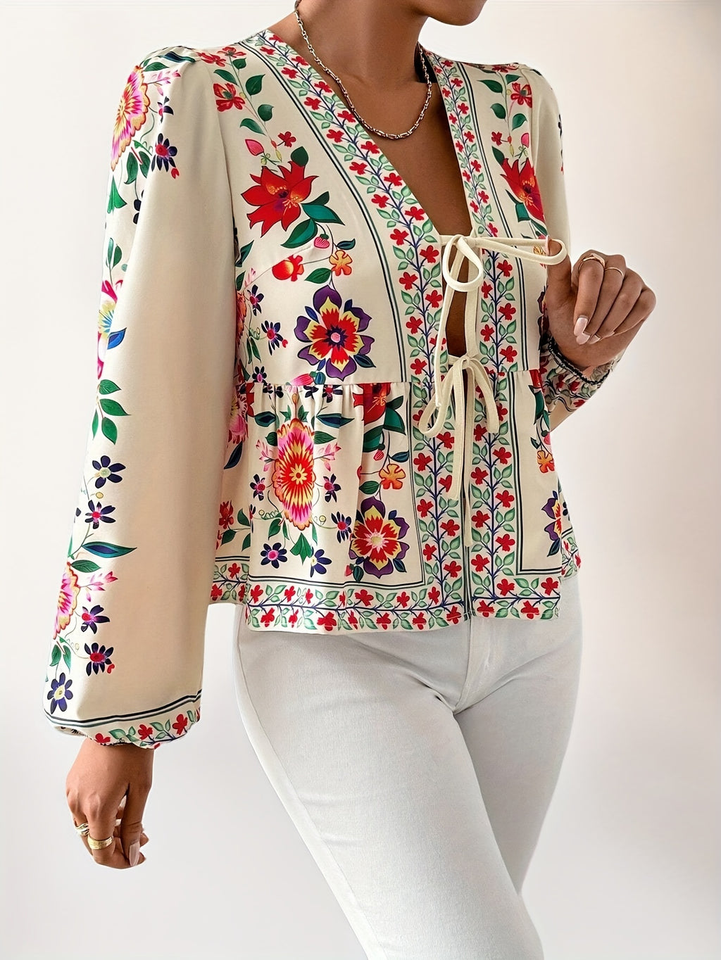 Aletha | Elegant Floral Print Blouse for Women – Long Puff Sleeves, Tie Closure, V-Neck