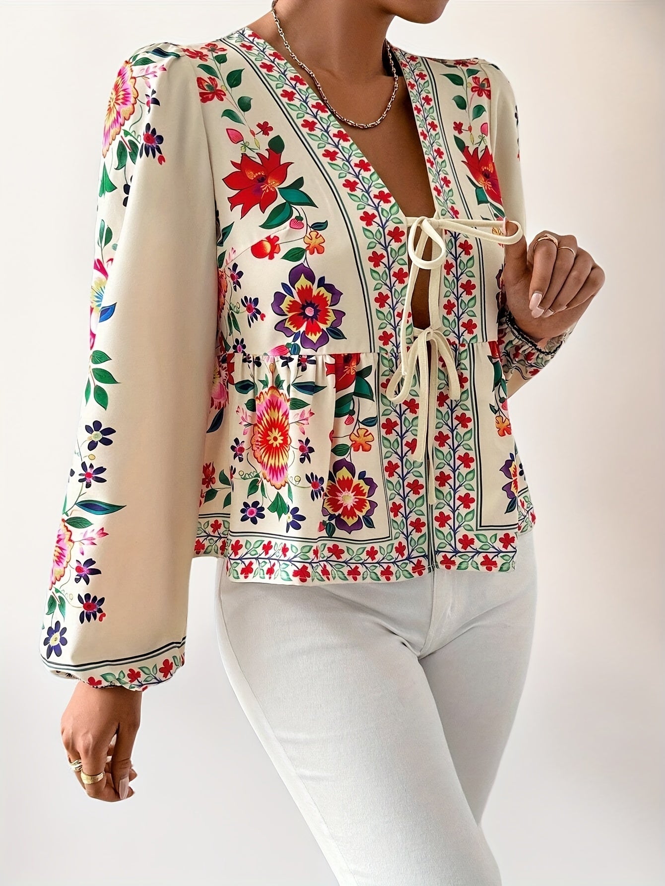 Aletha | Elegant Floral Print Blouse for Women – Long Puff Sleeves, Tie Closure, V-Neck