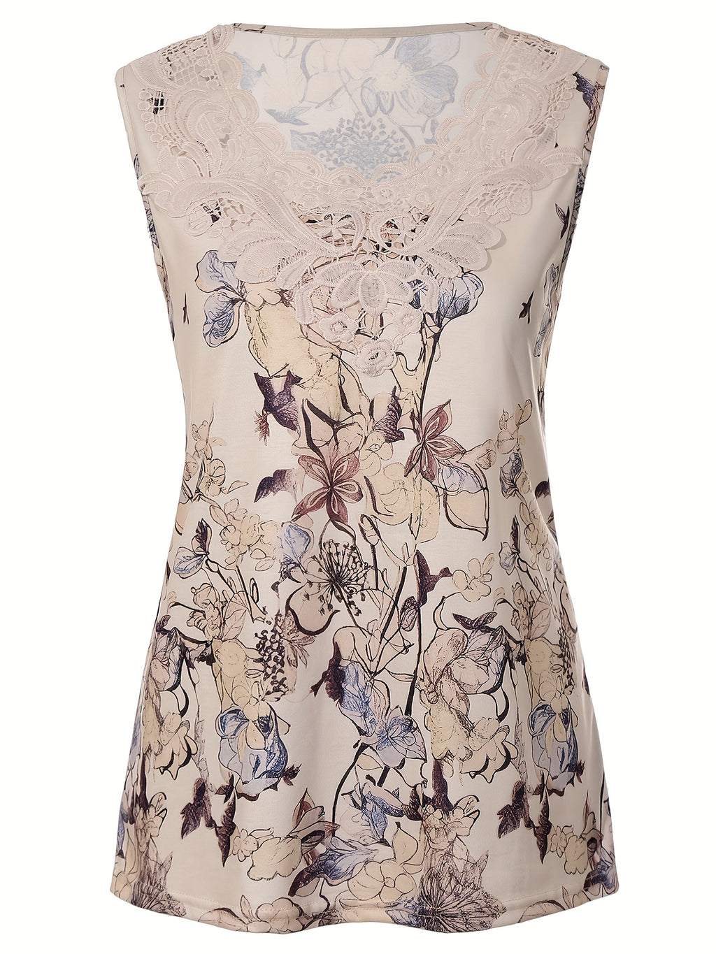 Myrina | Mouwloze top met bloemenprint en kanten patchwork voor dames – Elegante ronde hals