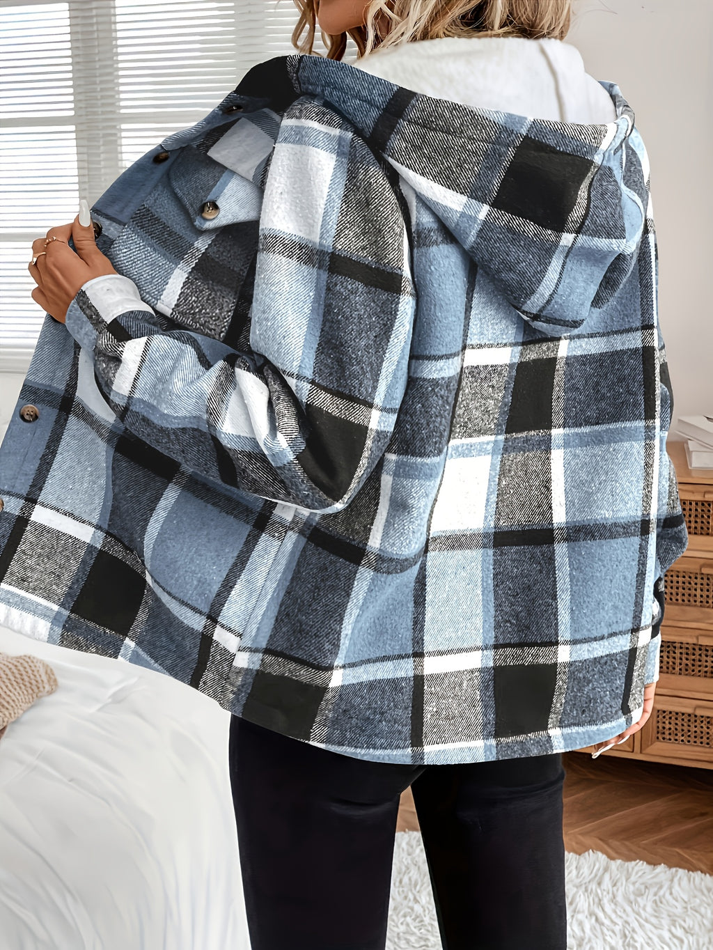 Gracienne | Geruite damesjas met capuchon en fleece voering - Knoopsluiting voor dames