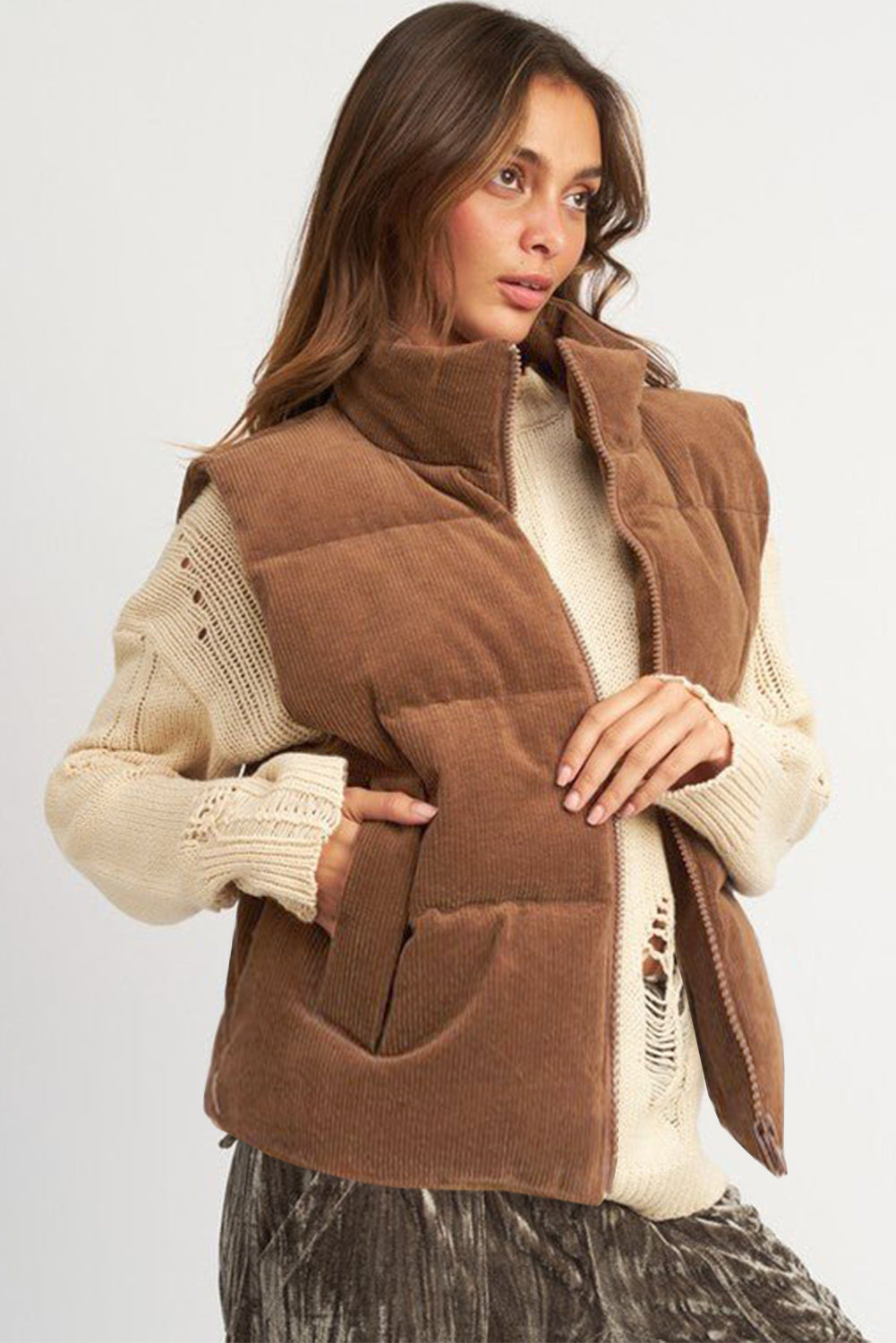 Dagny | Corduroy Puffer Vest met Ritssluiting Staande Kraag Casual Jack voor Dames
