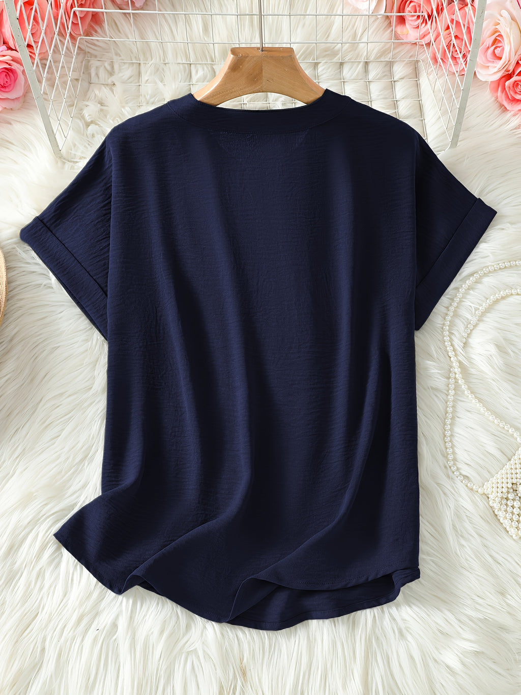 Elaria | Women V-Neck Blouse - Solid Color Loose-Fit Short Sleeve Top