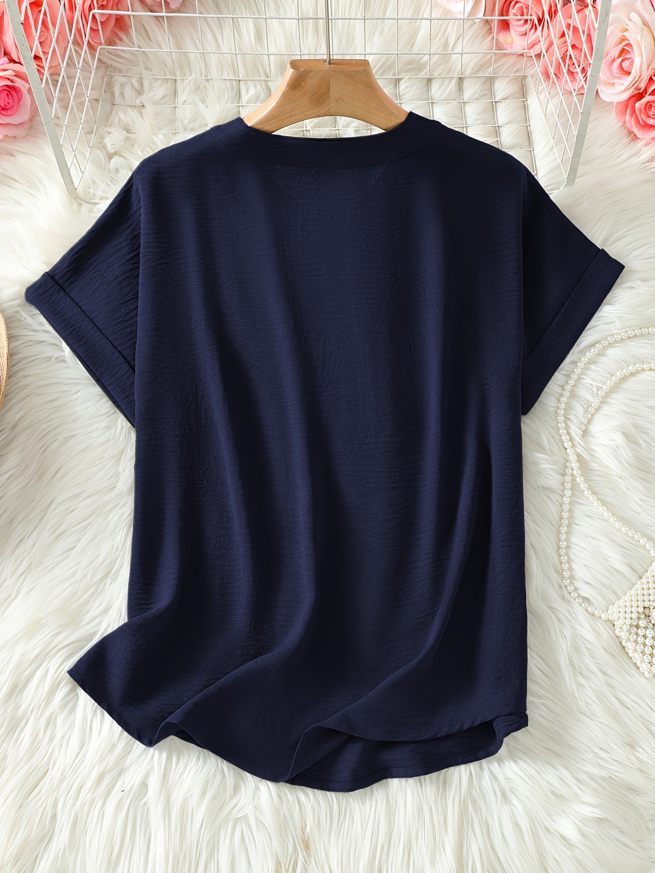 Elaria | Women V-Neck Blouse - Solid Color Loose-Fit Short Sleeve Top