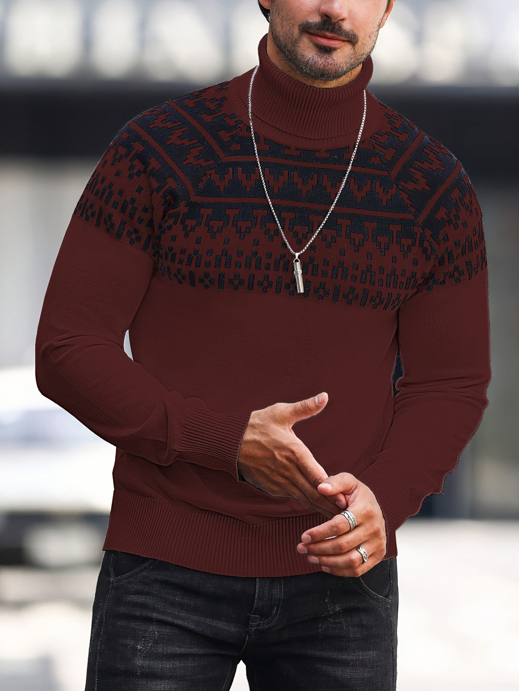 Beckett | Gebreide coltrui met geometrische grafische print, casual trui met lange mouwen voor herfst en winter