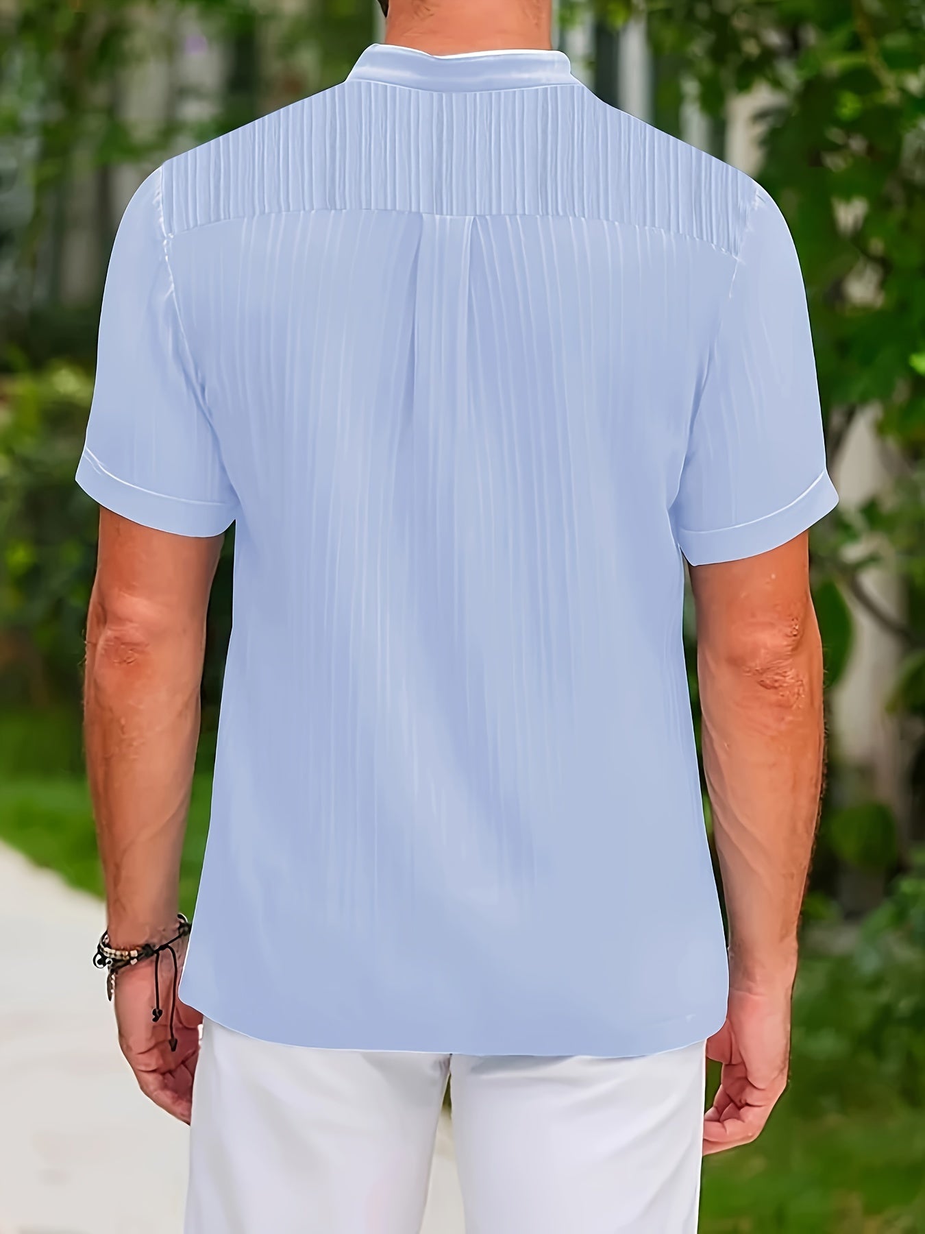 Xenion | Casual Striped Men's Shirt - Short Sleeves, Stand Collar, Non-Elastic