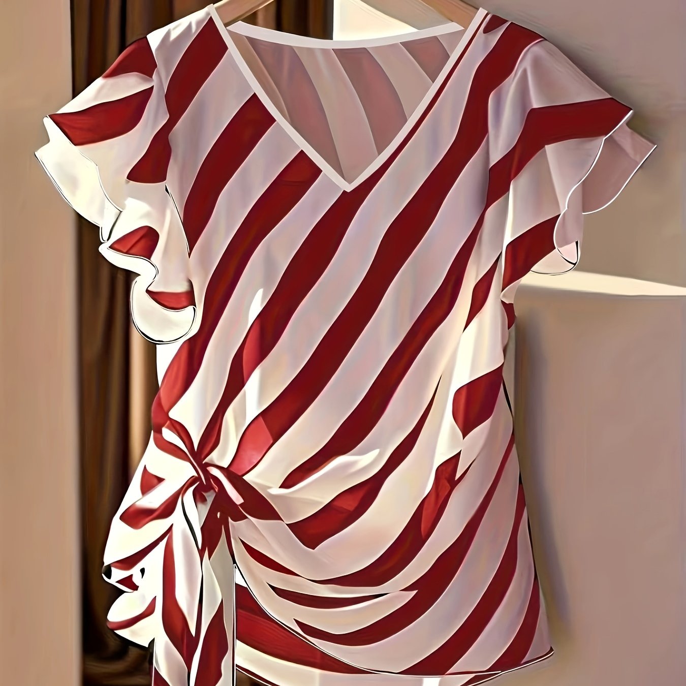 Kelyn | Casual zomertop voor dames – Gestreepte blouse met V-hals en strik in de taille