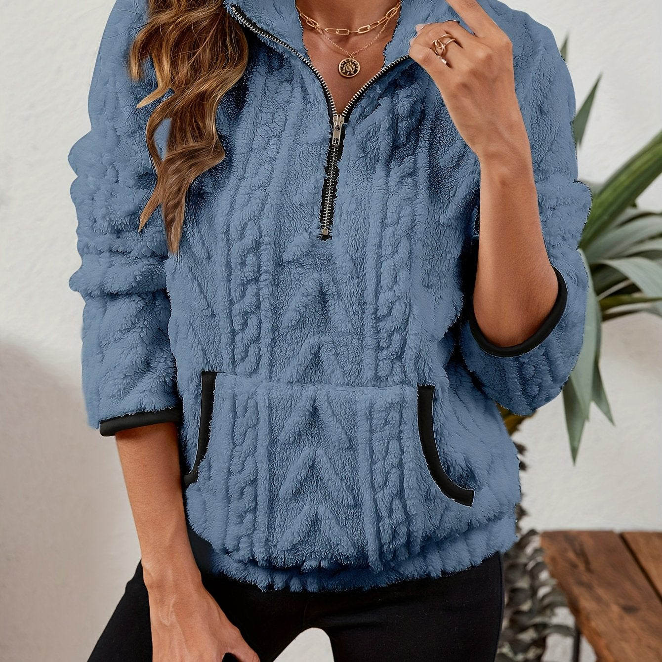 Iduna | Damestrui met halve rits – Comfortabel fleecesweatshirt met grote zakken, casual trui