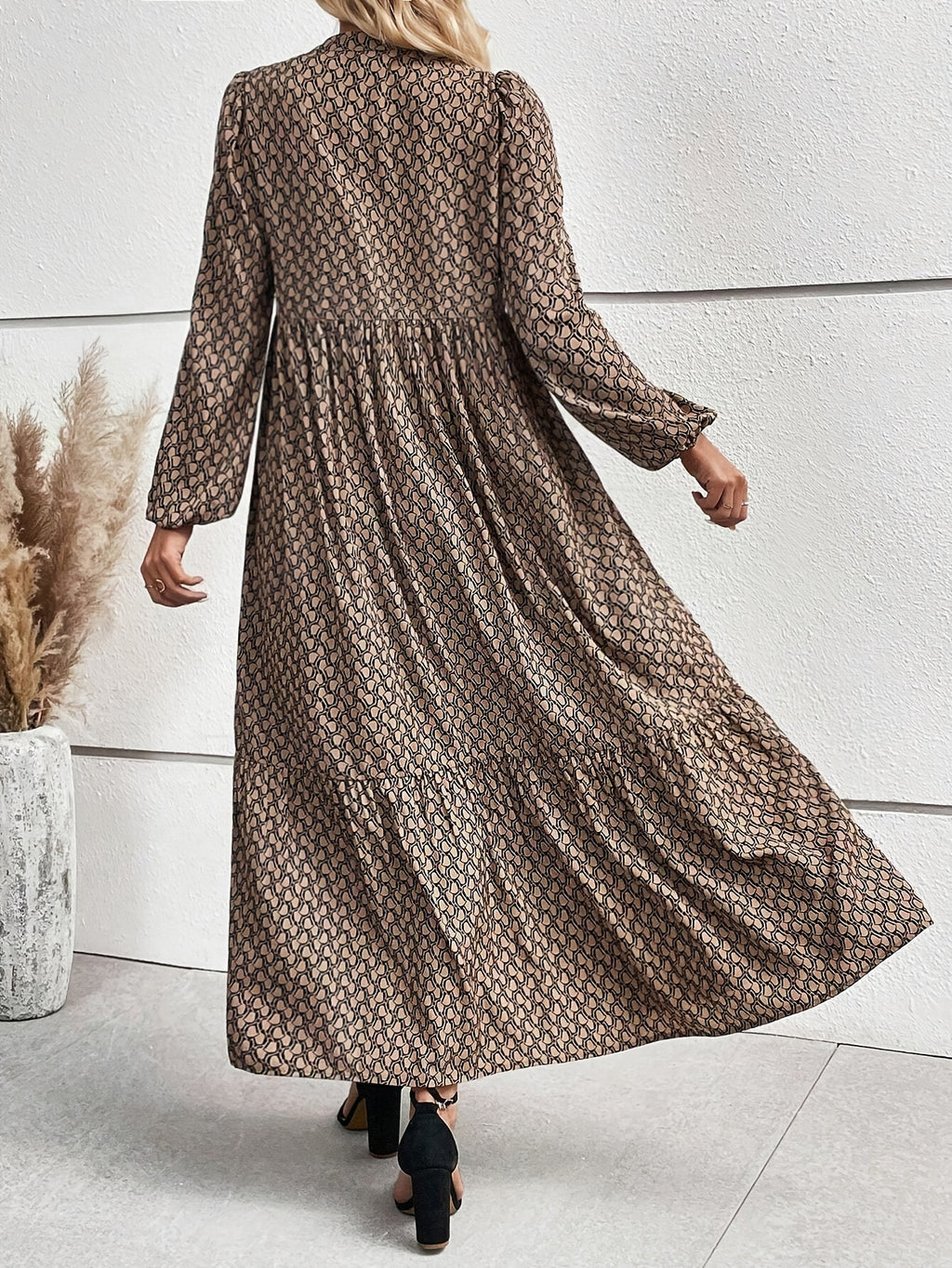 Luciana | All-over Print Button-Front Dress, Elegant Lantern Sleeve Flowy Dress for Women