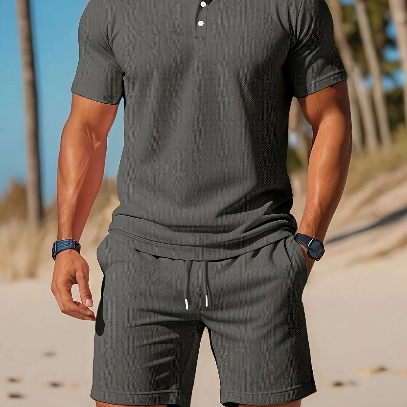 Thorsten | Effen gekleurd heren poloshirt & koord shortset - casual sportkleding