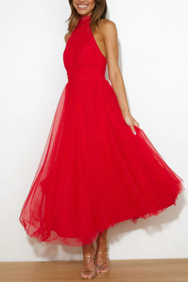 Bellina | Elegant Long Halter Neck Dress - Mesh Fabric