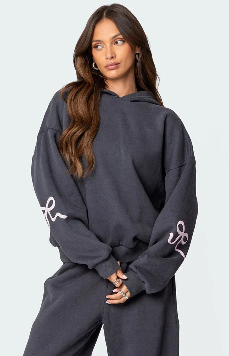 Deyora | Dames trainingspak – Hoodie & broek, minimalistische roze strik, casual lounge- en sportoutfit