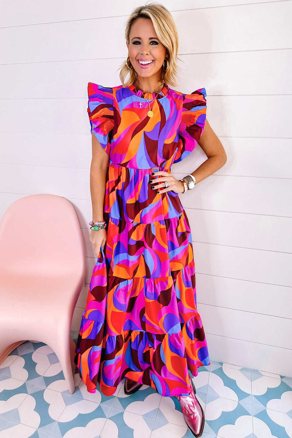Isha | Women's dress with abstract print and high waist - ruffled sleeves, tiered skirt, flowing and elegant