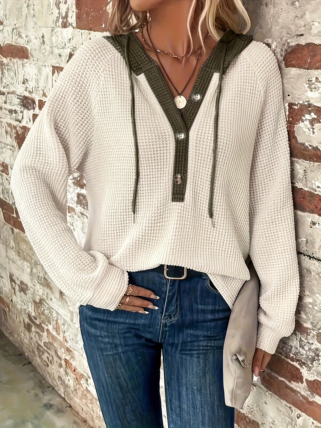 Ulyssia | Oversized Knitted Hoodie with Drawstring - Button Closure, Casual Sweatshirt