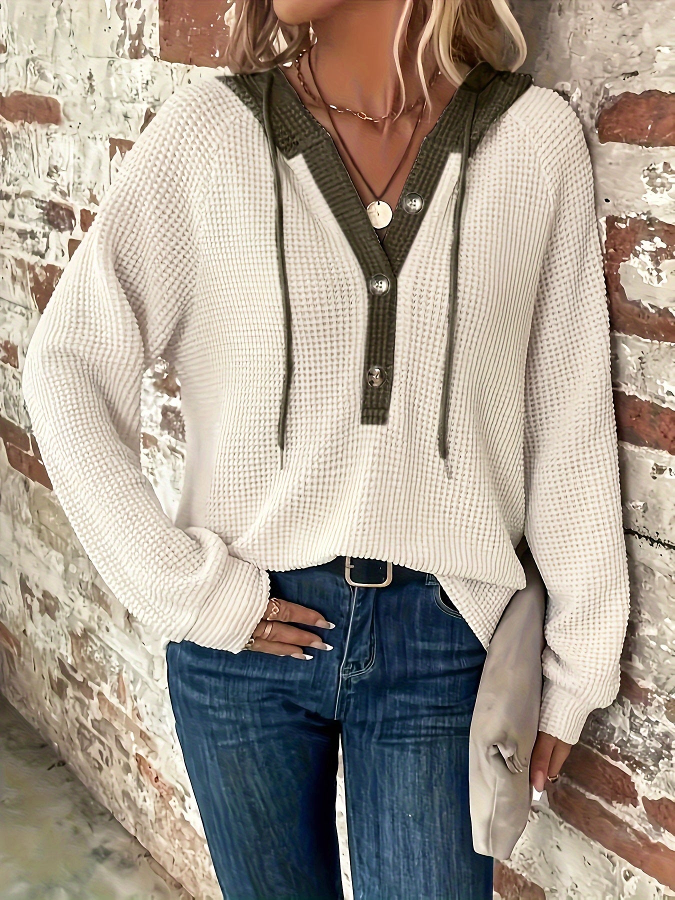 Ulyssia | Oversized Knitted Hoodie with Drawstring - Button Closure, Casual Sweatshirt