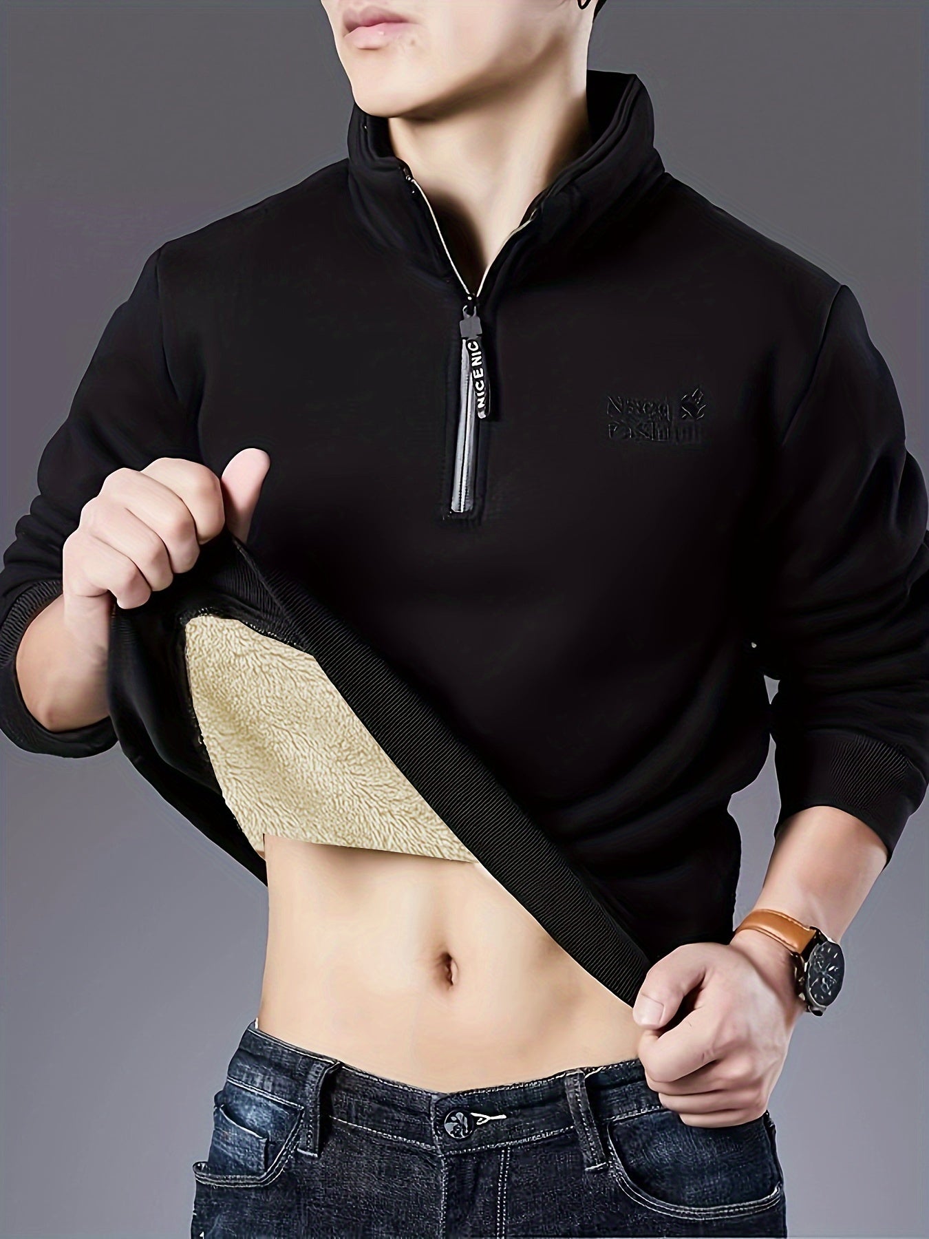 Cadrian | Heren sweatshirt met fleecevoering – Comfortabel zwart shirt met lange mouwen en borduursel, casual trui