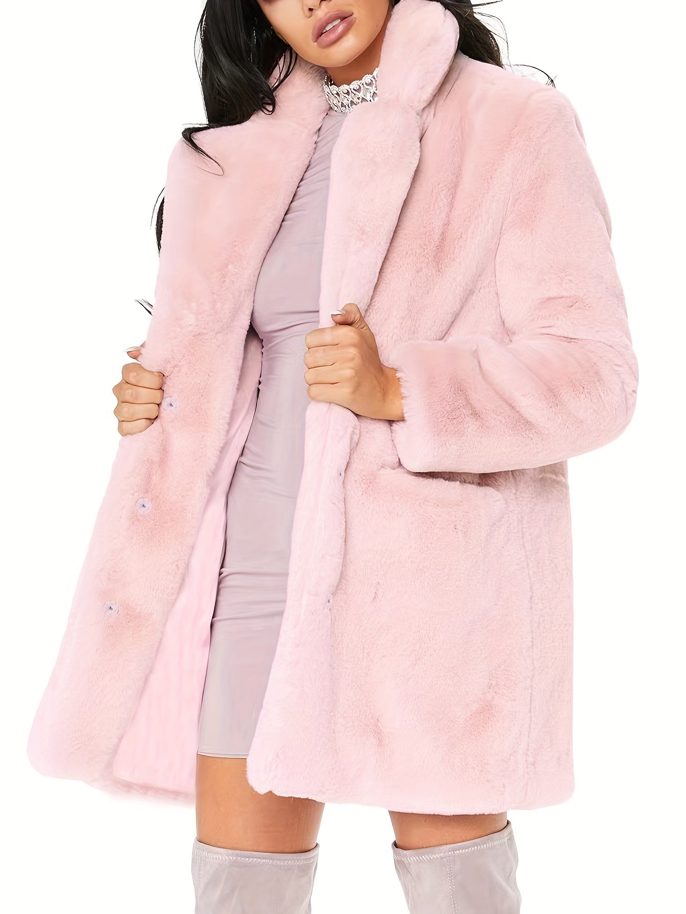 Zerlina | Elegant mid-length faux fur coat for women - concealed button fastening, with pockets