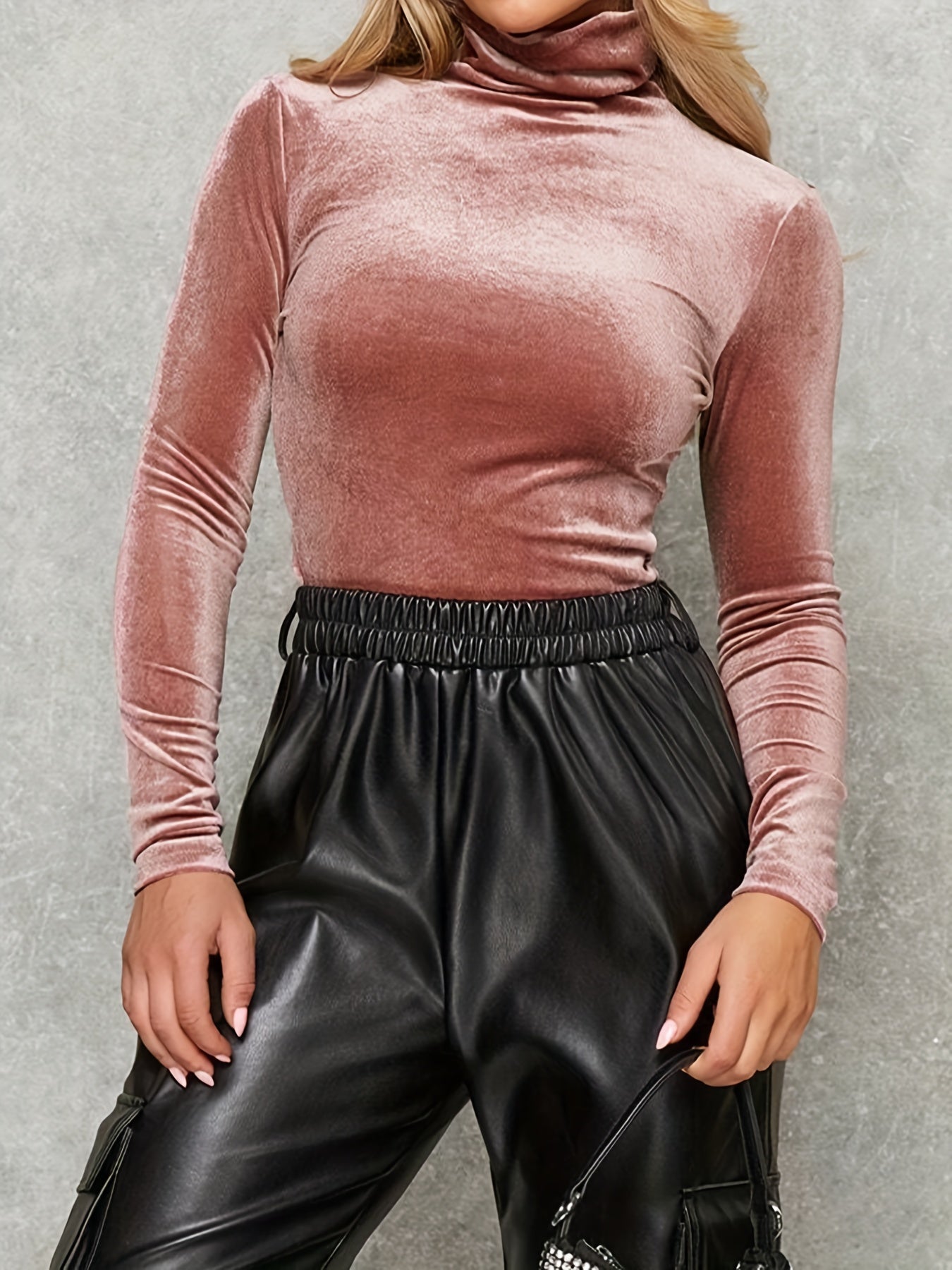 Alondra | Women's Velvet High Neck Turtleneck - Casual Long Sleeve Slim Fit Shirt