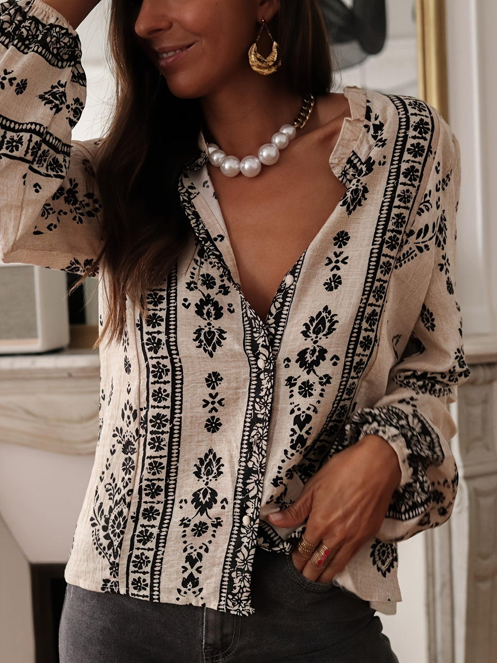 Halcyon | Geometrische bedrukte losvallende blouse met lantaarnmouwen