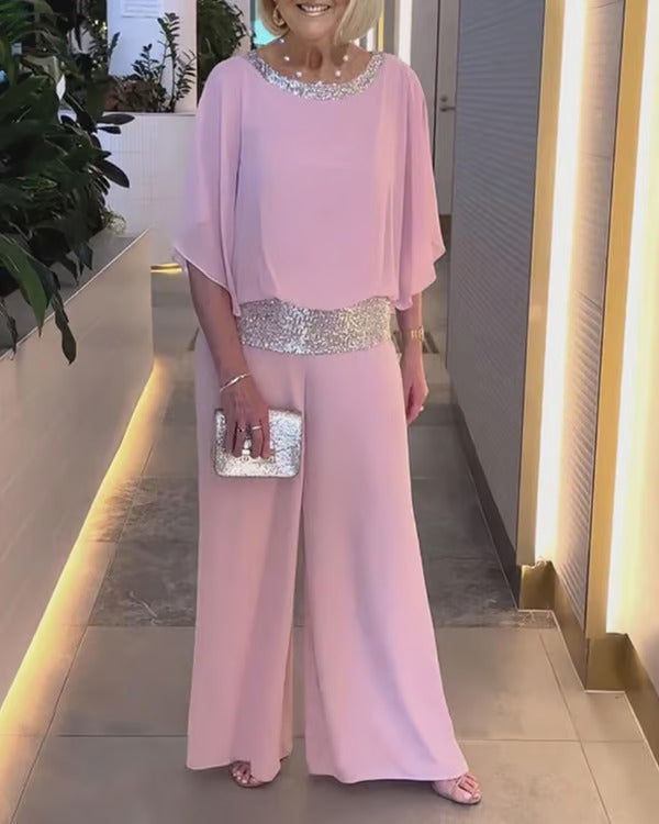 Freydis | Elegant Two-Piece Sequin Set - Loose Blouse & Wide-Leg Trousers for Women