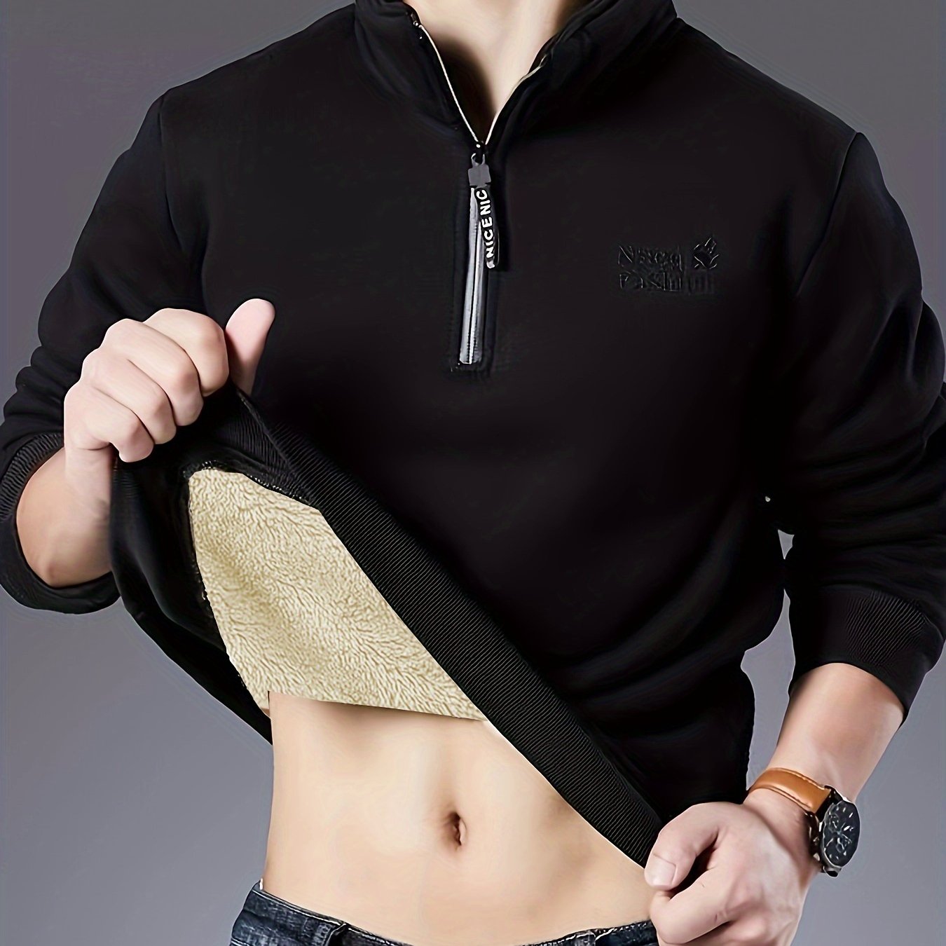Cadrian | Heren sweatshirt met fleecevoering – Comfortabel zwart shirt met lange mouwen en borduursel, casual trui