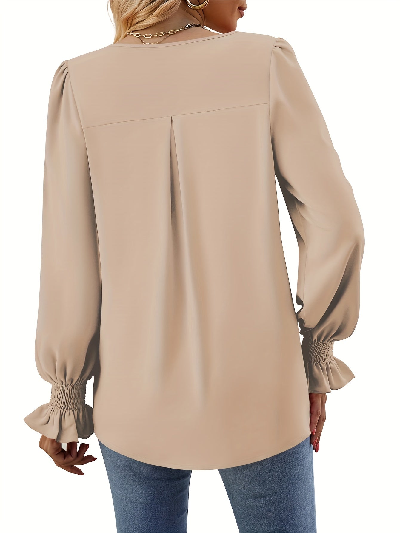 Reverie | Effen V-hals Blouse met Lange Mouwen voor Vrouwen - Elegante Top met Ruches en Klassieke Pasvorm
