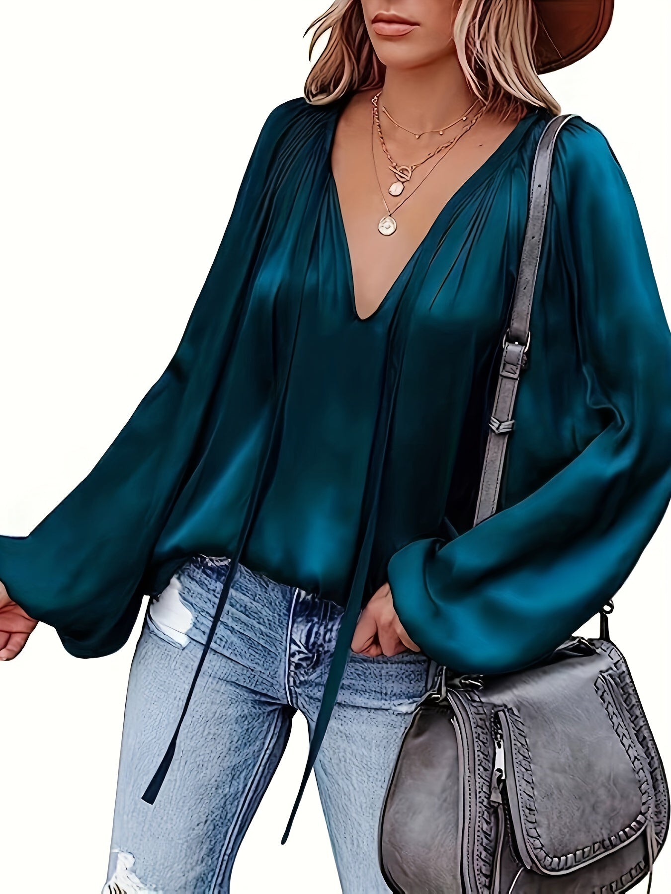 Vaiana | Women's Satin V-Neck Blouse with Lantern Sleeves - Elegant, Loose-Fitting, Dressy Top