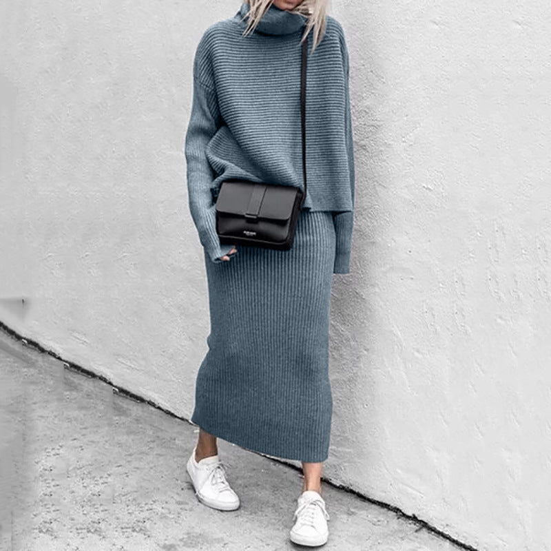 Sybilla | Knitted Two-Piece Women's Set - Long Sleeve Top and High Neck Skirt