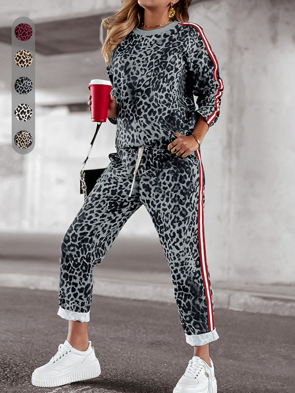 Emryth | Two-piece women's leopard print set - long-sleeve top and high-waisted pants, casual lounge outfit