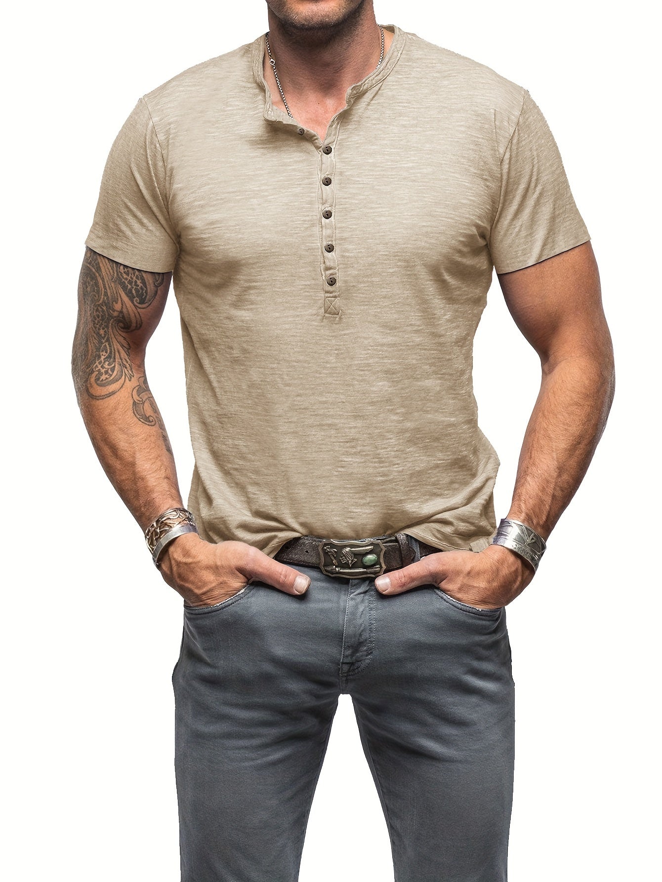 Riggs | Vintage stijl herenhemd in katoen Henley - knoopsluiting, ronde hals