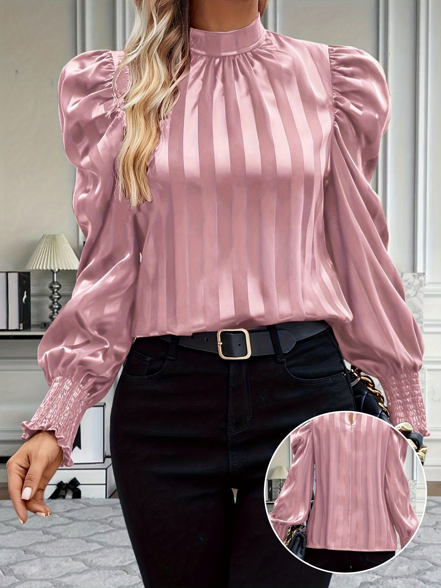 Kairi | Satijnen Hoge Hals Blouse voor Vrouwen - Elegante Top met Pofmouwen, Stijlvolle Vrouwenblouse