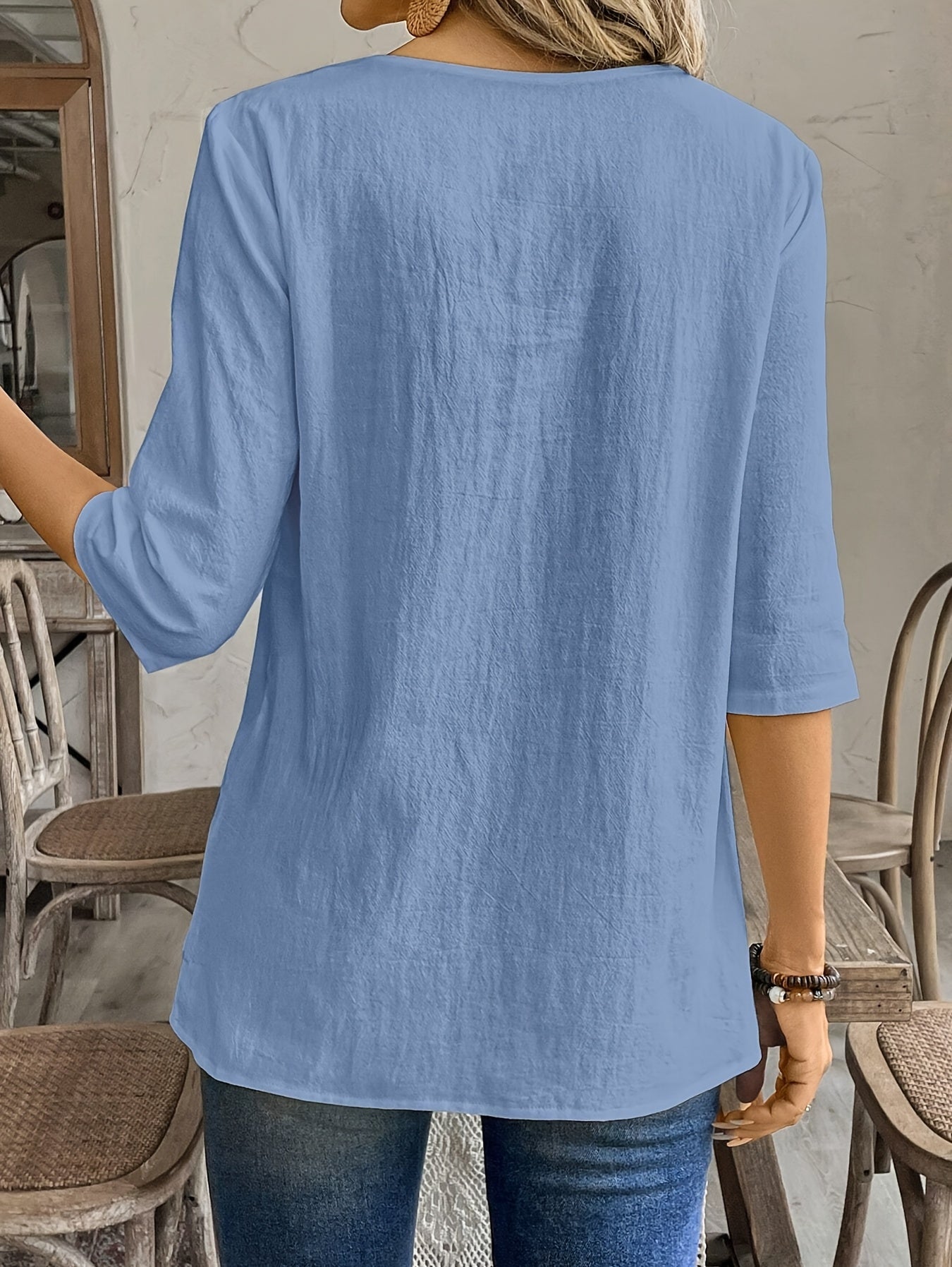 Ferene | Casual Women's Round Neck Shirt with Patchwork Hem, 3/4 Sleeves
