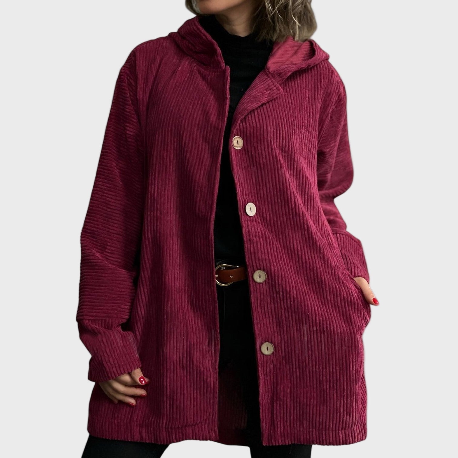 Adelgunde | Dames corduroy jas met capuchon – Casual herfst-winterjas met knopen aan de voorkant