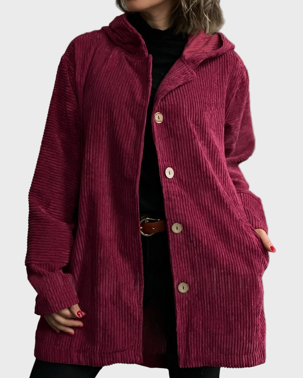 Adelgunde | Dames corduroy jas met capuchon – Casual herfst-winterjas met knopen aan de voorkant
